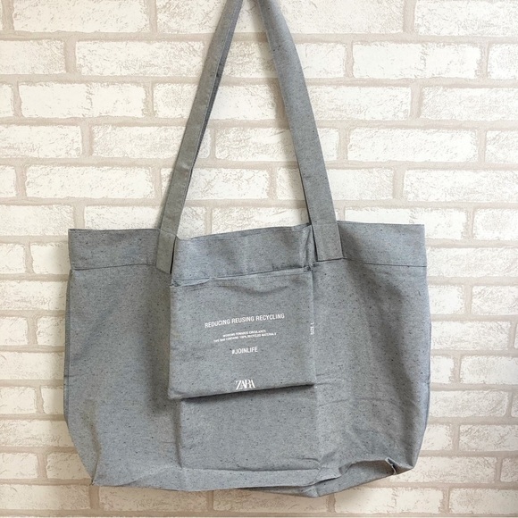 NWOT. Zara Gray Cotton Blend Unisex Plain Logo Shoppers/Tote Bag. - Picture 4 of 6